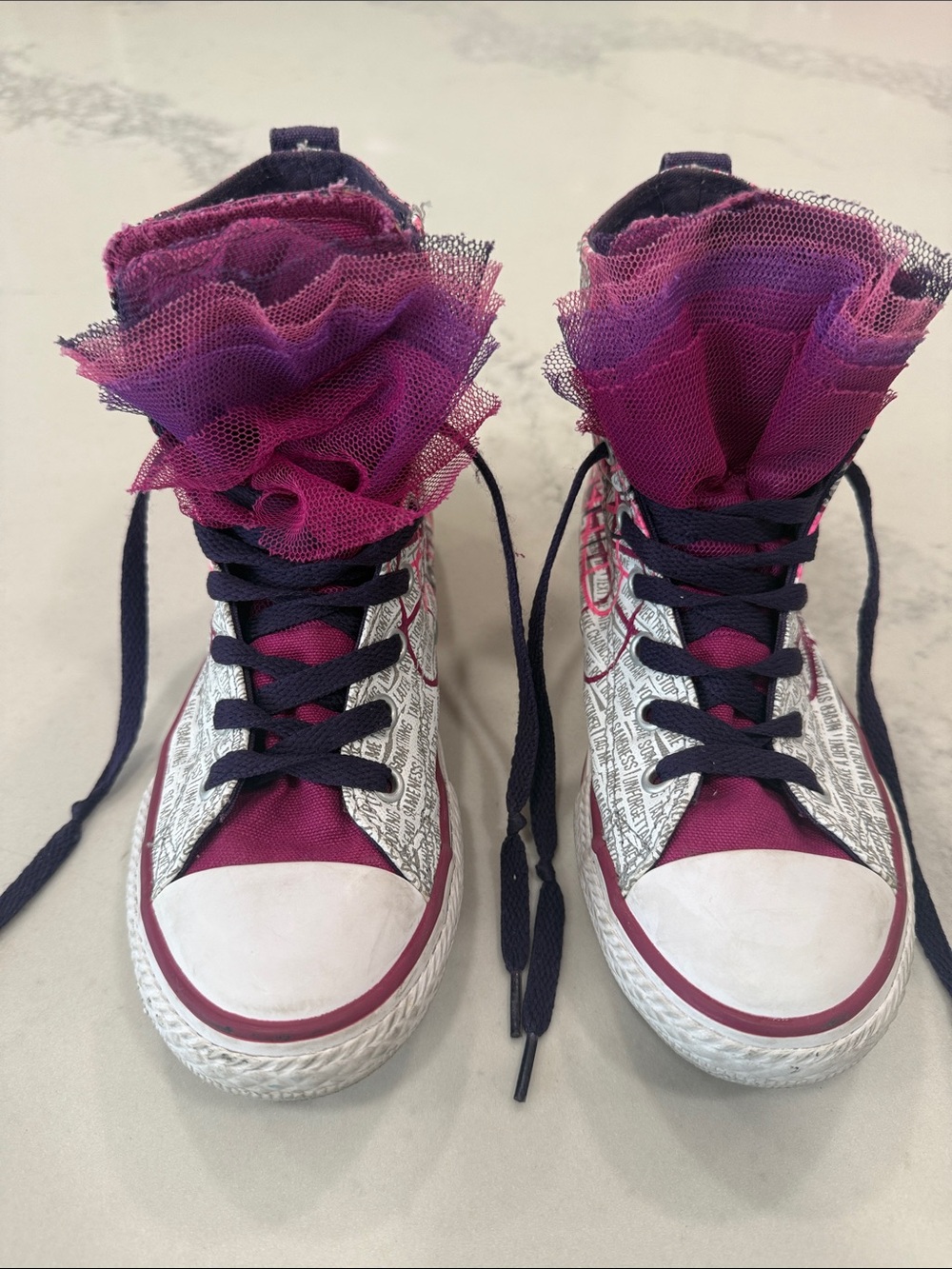 Converse Girls' Magenta and Purple High-Top Converse Sneakers with Tulle Accents